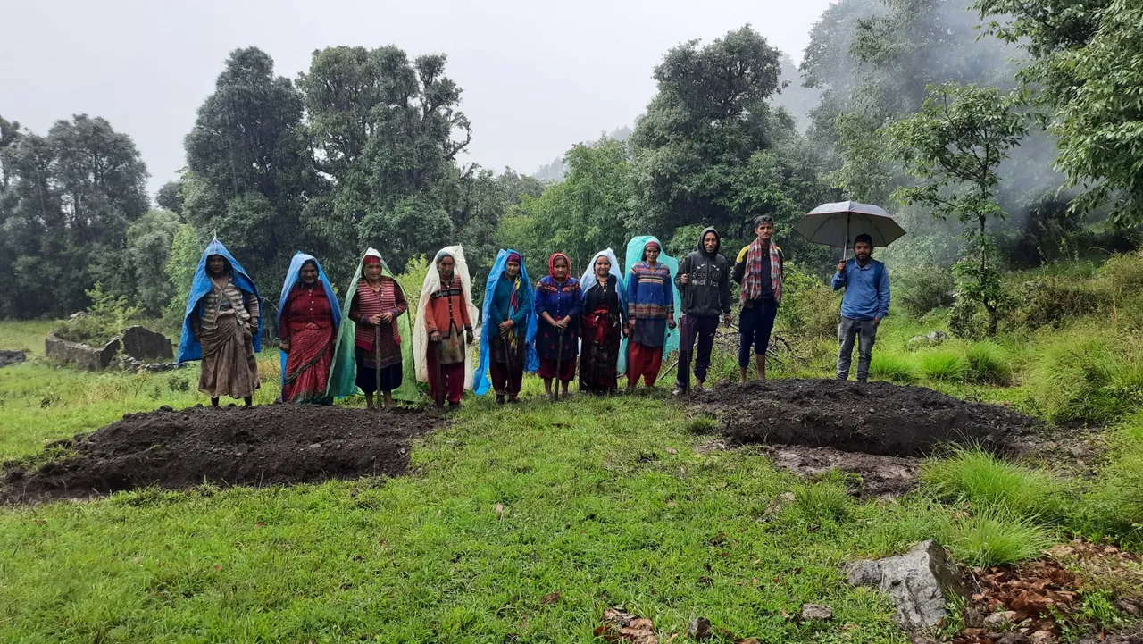 Women stand in a row beside newly planted pits on a green hillside